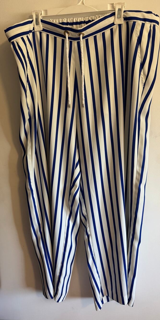 Lauren Ralph Lauren Blue White Striped Wide Leg 2X Pant Rope Drawstring Nautical